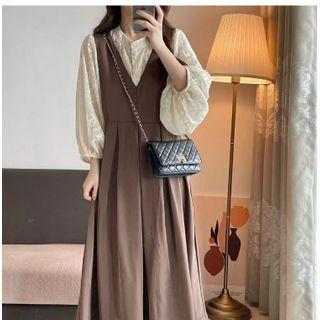 Puff-sleeve Lace Blouse / Midi Overall Dress