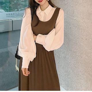 Puff-sleeve Shirt / Plain Maxi Tank Dress