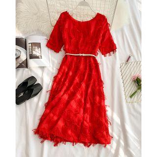 Short-sleeve Feather-accent Midi A-line Dress