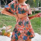 Set: Puff-sleeve Floral Print Crop Top + Mini Skirt