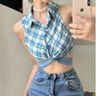 Lapel Plaid Cropped Sleeveless Top