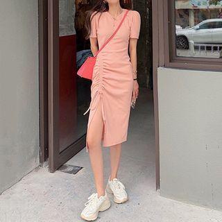 Short-sleeve Plain Drawstring Side-slit Dress