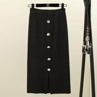 Knit Button Placket Midi H-line Skirt Black - One Size