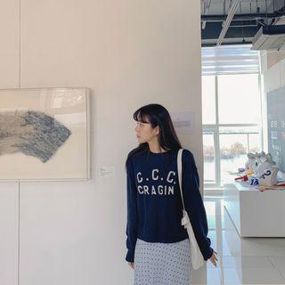 Letter Print Cotton Sweatshirt Navy Blue - One Size