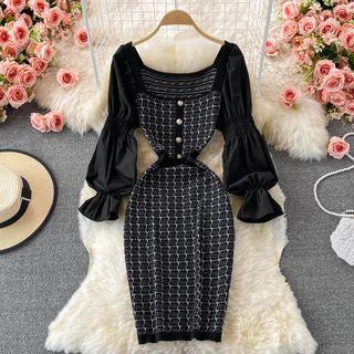 Square-neck Knit Panel Midi Bodycon Dress