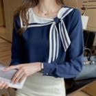 Long-sleeve Sailor-collar Plain Loose Fit Chiffon Shirt