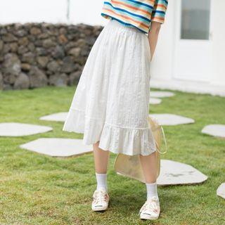 Plain Band-waist Midi A-line Skirt White - One Size