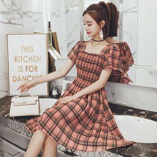 Square-neck Plaid Short-sleeve A-line Dress