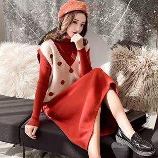 Set : V-neck Polka-knit Vest + Mock-turtleneck Long-sleeve Knit Dress