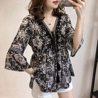 Floral Print V-neck 3/4-sleeve Chiffon Top