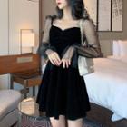 Mesh Panel Long-sleeve A-line Dress Black - One Size