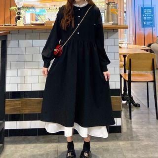 Long-sleeve Two Tone Button-up Midi Dress