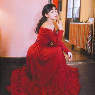 Plain Off Shoulder Long Sleeve Maxi Dress