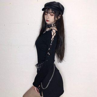 Long-sleeve Lace-up Off-shoulder Knit Top Black - One Size
