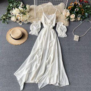 Cold Shoulder Puff Sleeve Maxi A-line Dress