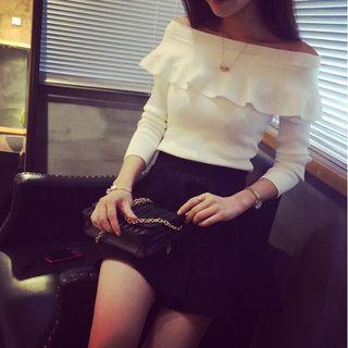 Off-shoulder Ruffled Long-sleeve Knit Top