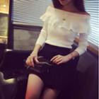 Off-shoulder Ruffled Long-sleeve Knit Top