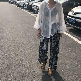 Plain Sheer Shirt / Printed Loose Fit Pants