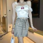 Plaid Mini Skirt / Lace Trim Cropped Camisole Top