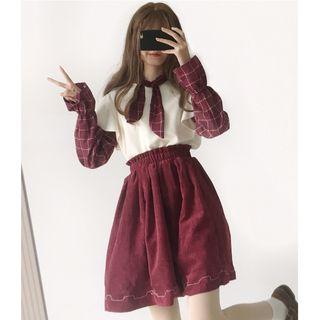 Plaid Shirt / Embroidered A-line Skirt / Wide-leg Pants