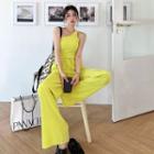 One-shoulder Padded Cropped Tank Top / High-waist Plain Loose-fit Pants