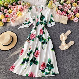 Rose Printed Short-sleeve Maxi Dress