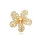 Fashion And Elegant Plated Gold Flower Champagne Imitation Pearl Brooch With Cubic Zirconia Golden - One Size
