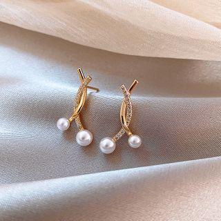 Faux Pearl Rhinestone Twist Stud Earring 1 Pair - Gold & White - One Size