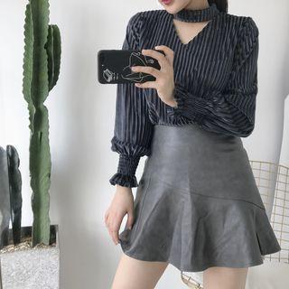 Plain Velvet Cutout Long-sleeve Top
