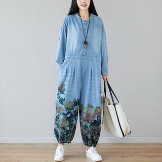 Long-sleeve Printed Denim Jumpsuit