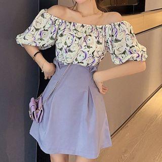 Set: Floral Print Off-shoulder Puff-sleeve Blouse + High-waist Mini A-line Skirt