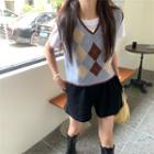 Cropped Plaid Knit Vest Blue & Coffee - One Size