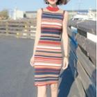 Sleeveless Striped Sheath Dress Stripes - Red & Blue & White - One Size