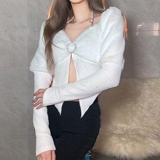 Fleece Panel Slit Crop Knit Top