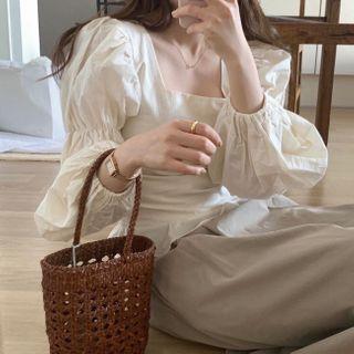 Square Neck Long-sleeve Top Beige - One Size