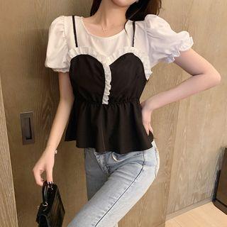 Color-block Mock Two Piece Short-sleeve Blouse