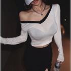 V-neck Cropped Long-sleeve T-shirt Milky White - One Size