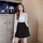 Set: Long-sleeve Blouse + Wide-leg Suspender Shorts