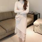 Long-sleeve Lace Trim Midi Knit Sheath Dress