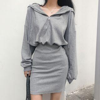 Mock Two-piece Plain Hooded Sweatshirt Panel Skirt