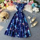 Off-shoulder Floral Pint Midi A-line Dress