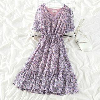 Floral Short-sleeve Dress Purple - One Size