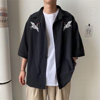 Elbow-sleeve Flamingo Embroidered Shirt