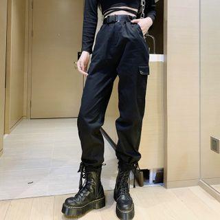 Long-sleeve Tie-strap Cropped T-shirt / High-waist Cargo Jogger Pants / Set