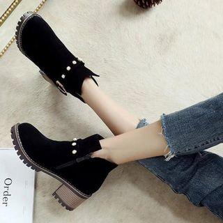 Faux Pearl Block Heel Ankle Boots