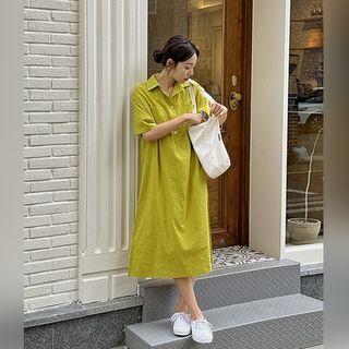 Half-placket Dual-pocket Long Shirtdress