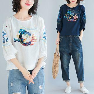 3/4-sleeve Fish Embroidered Top