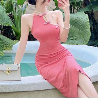 Sleeveless Frog Buttoned Bodycon Dress