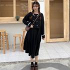 Color-block Long-sleeve Loose-fit Pleated Dress Black - One Size
