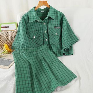 Set: Short-sleeve Plaid Crop Shirt + Mini Skirt